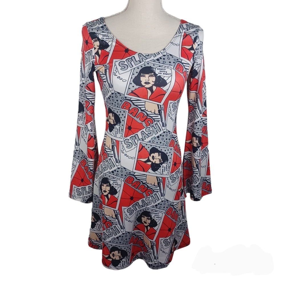 Funk Factory Diva Comic Dress Small Black/White/Red -Fit & Flare -Bell Sleeves